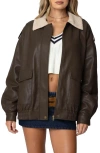 Edikted Ann Oversize Faux Leather Jacket With Faux Shearling Collar In Brown