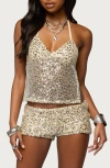 Edikted Annael Sequin Mesh Open Back Halter Top In Metallic