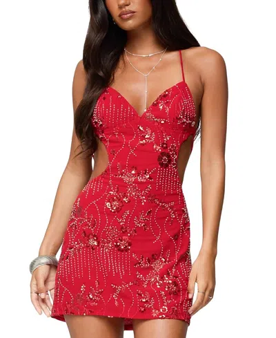 Edikted Annalee Backless Beaded Chiffon Mini Dress In Red