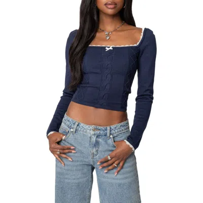 Edikted Ansley Cotton Stitch Square Neck Top In Navy