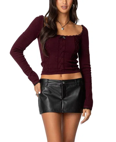 Edikted Ansley Lacey Cable Knit Top In Burgundy