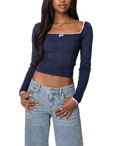 Edikted Ansley Lacey Cable Knit Top In Navy