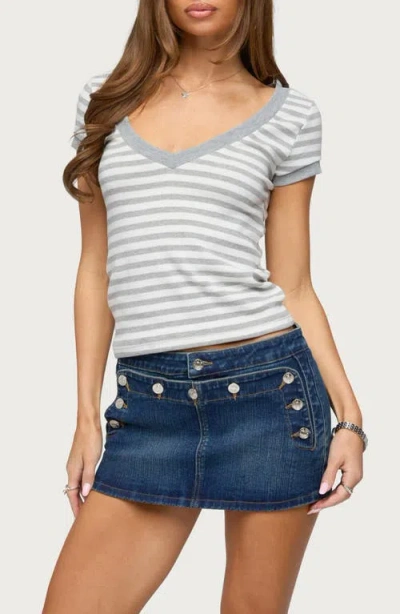 Edikted Antonela Stripe V-neck T-shirt In Gray
