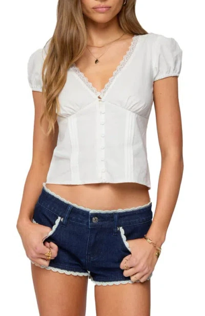 Edikted Antonella Cotton Puff Sleeve Button-up Top