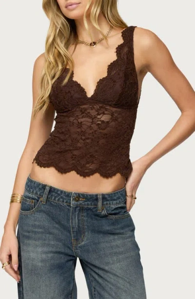 Edikted Araura Open Back Velvet Lace Crop Top In Brown