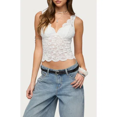 Edikted Araura Velvet Floral Sheer Crop Tank In White