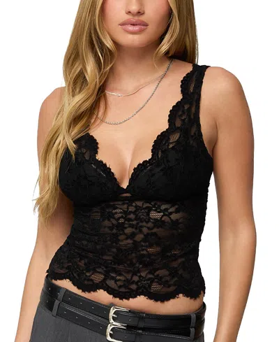 Edikted Araura Velvet Floral Sheer Crop Tank In Black