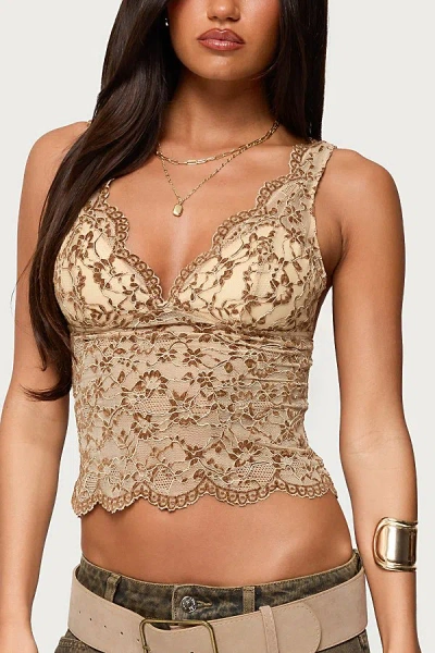 EDIKTED ARAURA VELVET FLORAL SHEER TOP IN BROWN, WOMEN'S AT URBAN OUTFITTERS