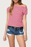 Edikted Aretha Stripe Off The Shoulder Stretch Cotton Top In Red