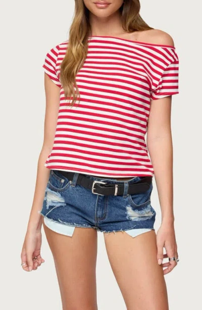 Edikted Aretha Stripe Off The Shoulder Stretch Cotton Top In Red