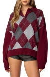 Edikted Argyle Oversize Cotton Polo Sweater In Burgundy