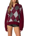 Edikted Argyle Oversized Polo Sweater In Burgundy