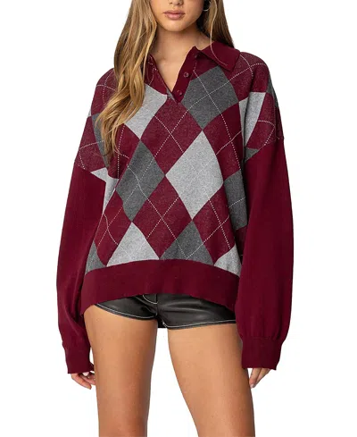 Edikted Argyle Oversized Polo Sweater In Burgundy