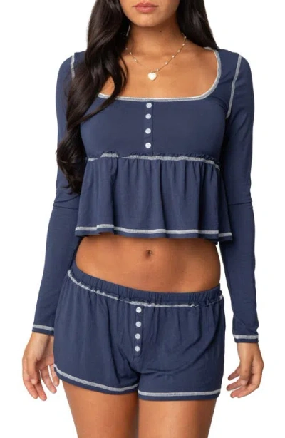 Edikted Arianne Long Sleeve Babydoll Top In Navy