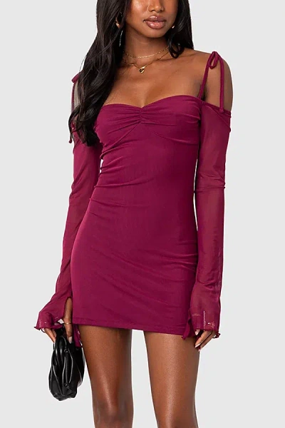 Edikted Ariel Off Shoulder Mesh Mini Dress In Burgundy, Women's At Urban Outfitters