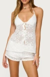 Edikted Arlie Tie Front Floral Lace Halter Top In White