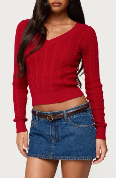 Edikted Ashlee V-neck Cable Knit Sweater In Red