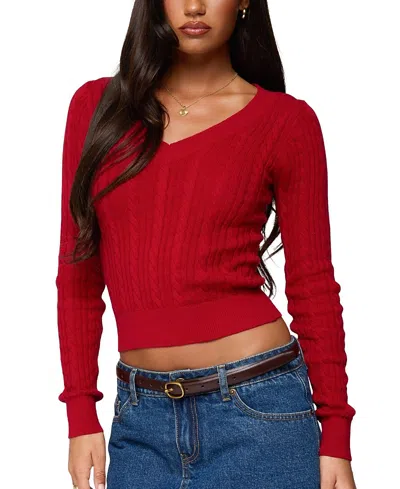 Edikted Ashlee V-neck Cable Knit Sweater In Red