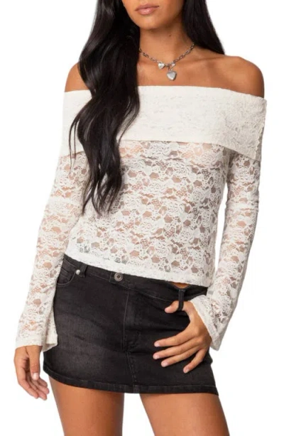 Edikted Ashley Sheer Floral Lace Off The Shoulder Top In Cream