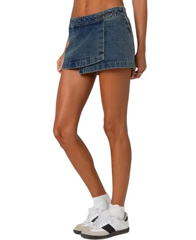 Edikted Asymmetric Denim Wrap Skort In Blue