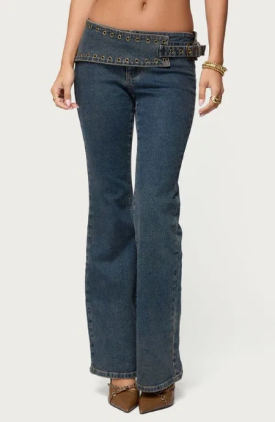 Edikted Asymmetric Grommet Detail Low Rise Jeans In Blue