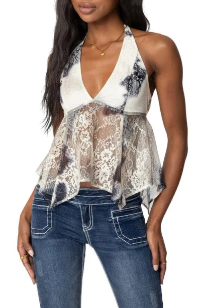 Edikted Asymmetric Lace Halter Top In White Mix