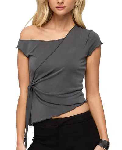 Edikted Asymmetric Off The Shoulder Wrap Top In Gray