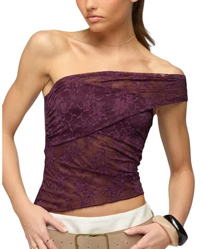 Edikted Asymmetric One Shoulder Sheer Lace Top In Purple