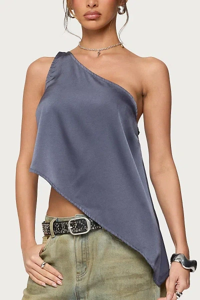 Edikted Asymmetric Satin One-shoulder Top In Blue
