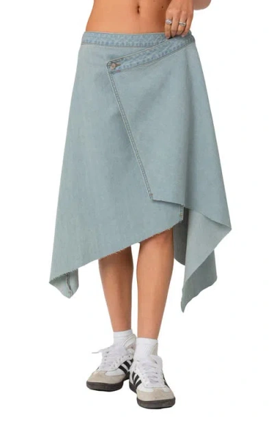 Edikted Asymmetric Wrap Denim Midi Skirt In Light-blue