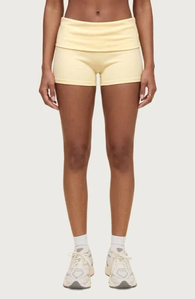 Edikted Audrea Foldover Stretch Cotton Bike Shorts In Yellow