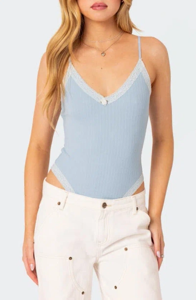 Edikted Aurora Lace Trim Rib Bodysuit In Light Blue