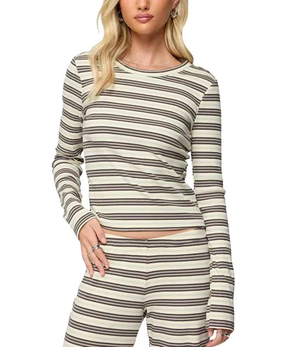 Edikted Avalie Striped Ribbed Long Sleeve T Shirt In White