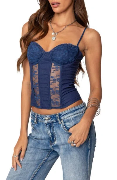 Edikted Avena Lace Panel Linen & Cotton Corset Top In Navy