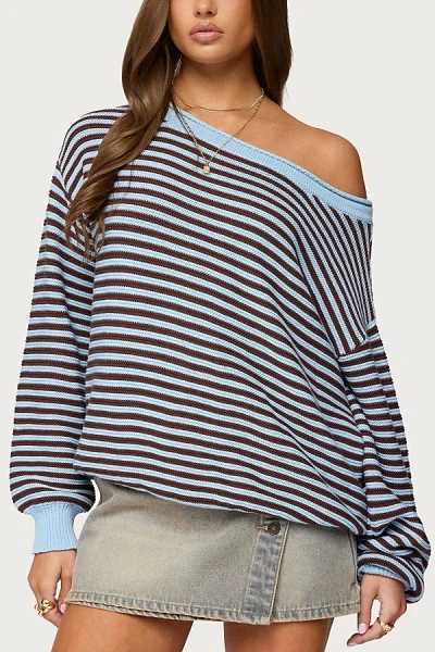 Edikted Averi Striped Oversized Off Shoulder Sweater In Light/blue, Women's At Urban Outfitters