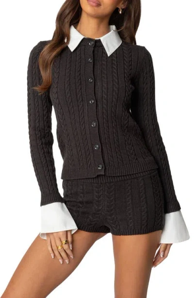 Edikted Avey Cable Knit Cardigan With Removable Cuffs & Collar In Dark-gray