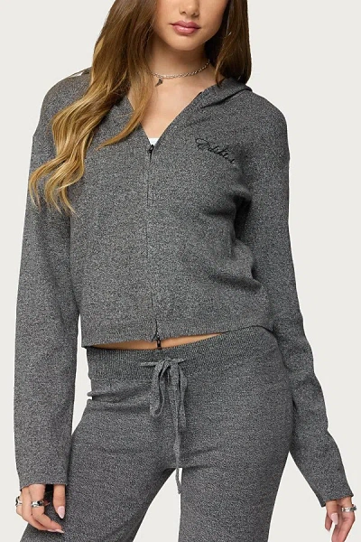 Edikted Ayah Knit Zip Up Hoodie In Dark/gray/melange, Women's At Urban Outfitters