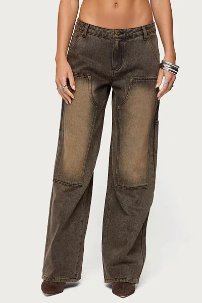 EDIKTED AYLA LOW RISE CARPENTER JEANS IN BROWN/WASHED, WOMEN'S AT URBAN OUTFITTERS