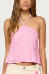 Edikted Ayva Embroidered Floral Bead Halter Top In Pink, Women's At Urban Outfitters In Pink