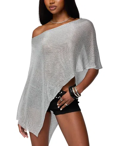 Edikted Azalia Metallic One-shoulder Semisheer Poncho In Silver