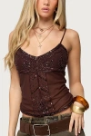 Edikted Azelia Beaded Sheer Chiffon Top In Brown, Women's At Urban Outfitters In Brown