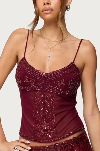 Edikted Azelia Beaded Sheer Chiffon Top In Burgundy, Women's At Urban Outfitters