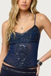 Edikted Azelia Beaded Sheer Chiffon Top In Navy, Women's At Urban Outfitters In Blue