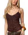 Edikted Azelia Beaded Sheer Mesh Chiffon Top In Brown