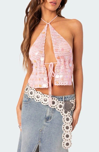 Edikted Sequin Crochet Open Back Top In Pink