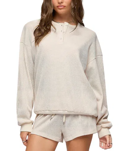 Edikted Baila Waffle Knit Henley Top In Gray