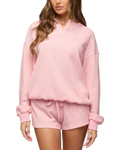 Edikted Baila Waffle Knit Henley Top In Pink