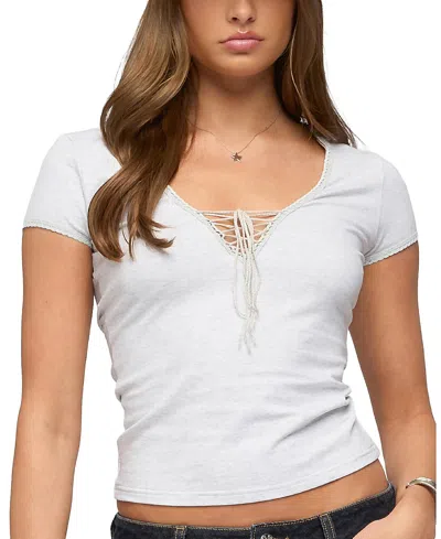 Edikted Balor Lace Up V Neck T Shirt In White