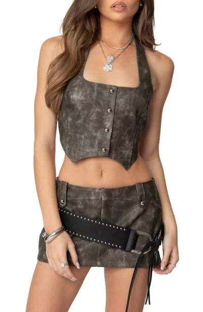 Edikted Bar Washed Faux Leather Halter Top In Dark-gray