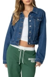 Edikted Barb Denim Crop Trucker Jacket In Blue-washed